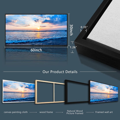 Wapluam Large Canvas Prints Wall Art For Living Room Office Wall Decor Blue Beach Sea Waves Landscape Wall Painting Bedroom Home Decorations Pictures Ready To Hang Wall Mural Black Framed Artwork