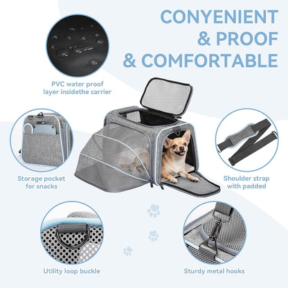 Petsfit Expandable Cat Carrier Dog Carriers,Airline Approved Soft-Sided Portable Pet Travel Washable Carrier for Kittens,Puppies,Removable Soft Plush mat and Pockets,Locking Safety Zippers
