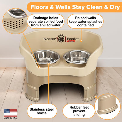 Neater Feeder Deluxe Mess Proof Dog Bowls Elevated Medium Sized Dogs (19-40 lbs) Made in USA, No Spill Raised Dog Food Bowl Stand w/Leg Extension, Stainless Steel Food and Water Bowl Set, Cappuccino
