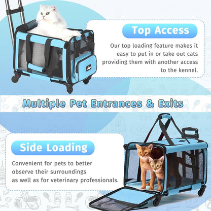 Pet Carrier with Wheels, Durable Airline Approved Cat Crate, Foldable Rolling Dog Carrier, Cat Rolling Bag for Cat &Dog, Use for Travel, Outdoor, Vet Visits, Camping, Indoor. Blue.