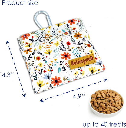 Dog Treat Pouch, Small Cotton Pocket Sized Training Holder, Hand Free Walking Funny Bag with Carabiner, Self-Closing Pet Feed Snack Reward, Behavior Aids for Puppy Travel or Outdoor Use