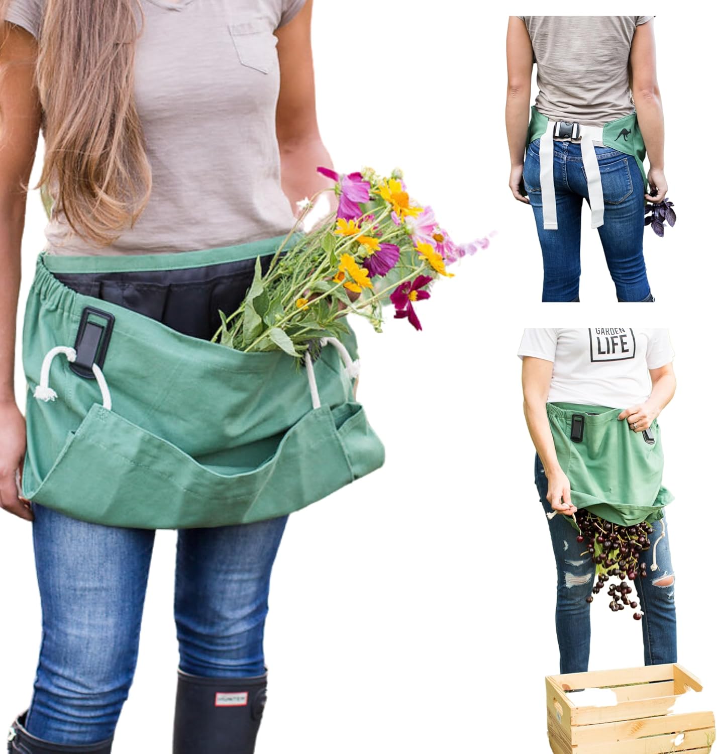 Roo Gardening Apron with Pockets & Harvesting, Picking Pouch - Adjustable, Water-resistant, Washable Canvas Cotton