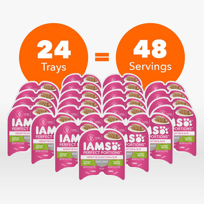 IAMS Perfect Portions Sensitive Digestion & Skin Adult Wet Cat Food Pate, Turkey Recipe, 2.6 oz. Easy Peel Twin-Pack Trays (24 Count, 48 Servings)
