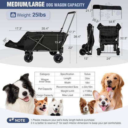 REDCAMP Folding Dog Wagon Cart with Removable Canopy Heavy Duty, 220L Large Collapsible Utility Cart Dog Stroller with Tailgate for Sports Shopping Pet, Black