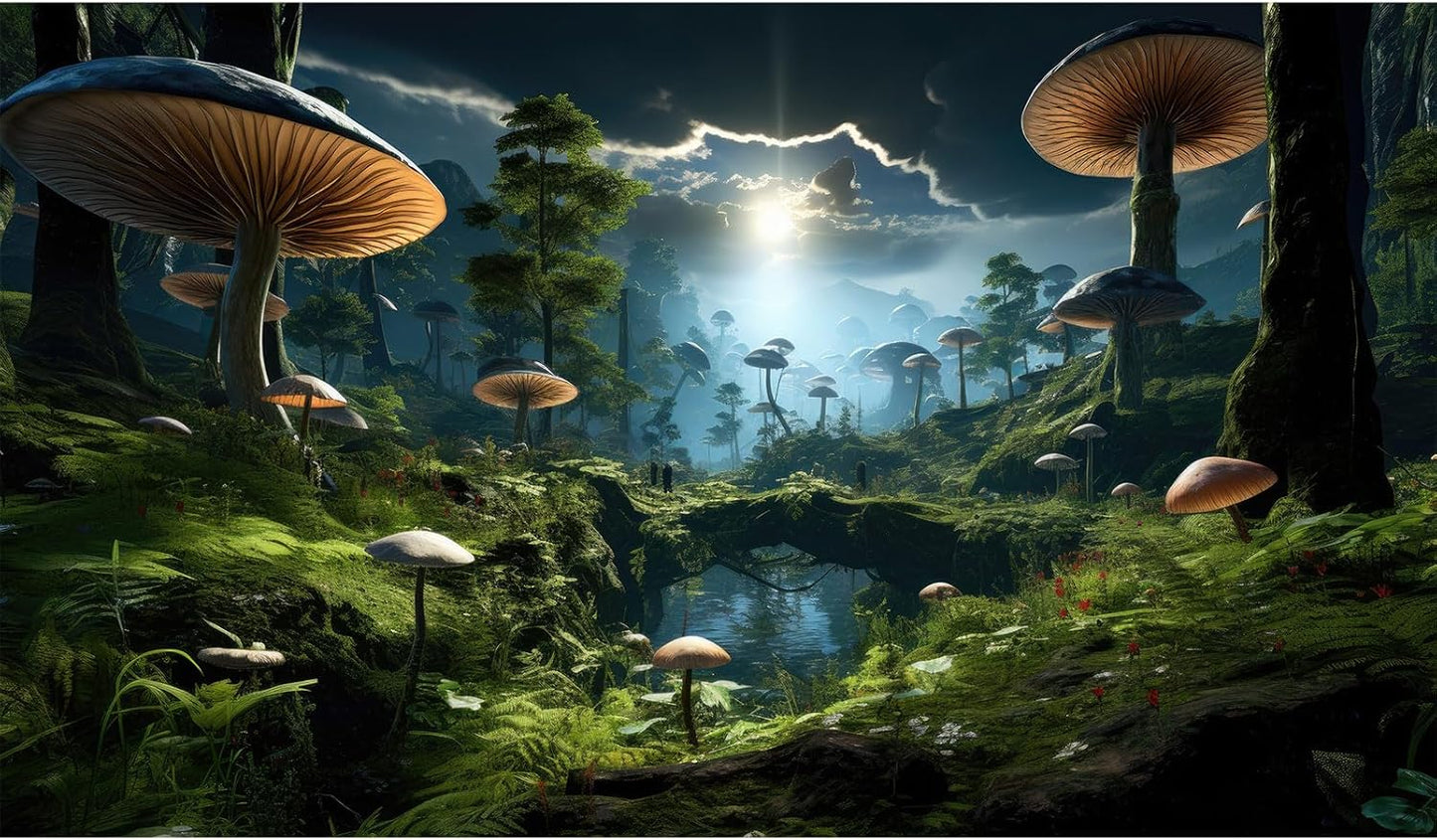 Fantasy Mushrooms Landscape Aquarium Background Tranquil Stream Cloudy Sky Terrarium Background Lush Green Tropical Plants Trees Fish Tank Backdrop Decoration Tank Background Poster 48x20in