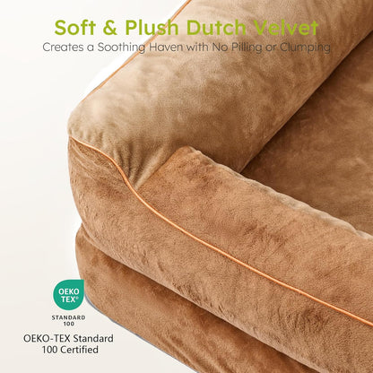 Jumbo Dog Bed for Extra Large Dogs, Orthopedic Dog Bed with Cooling Gel Memory Foam, Waterproof Pet Bed with Removable Washable Cover, 45" Pet Sofa Couch Dutch Velvet with Bone Toy, Brown