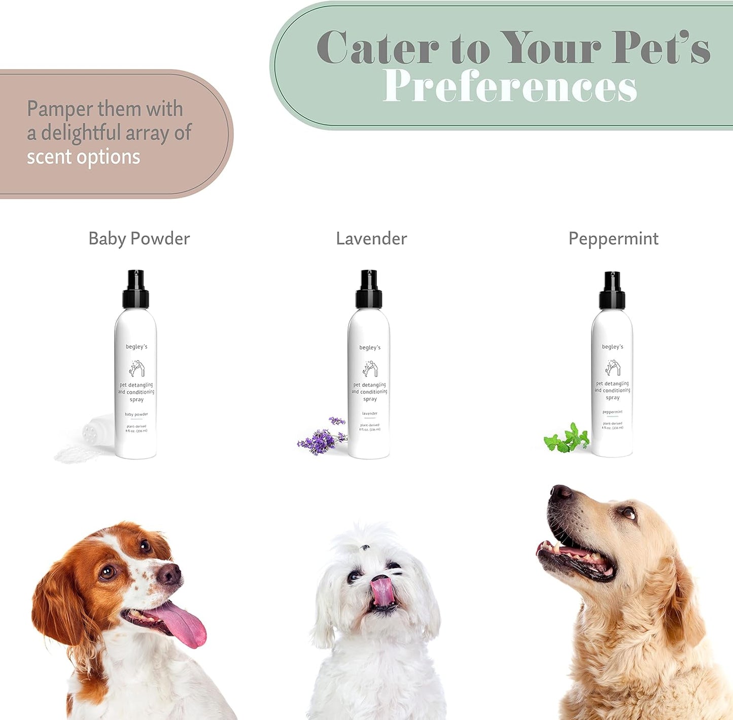 Begley's Pet Detangling Spray - Premium Essential Oil Scented Detangler Spray for Dogs, Puppies & Cats - Dog Leave in Conditioner Spray - Dematting Spray for Dogs & Pets - 8 oz, Lavender