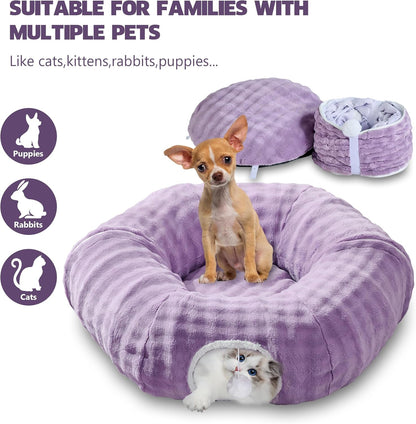 Bubble Cat Tunnel for Indoor Cats, Round Peekaboo Cave Toy with Dangling Balls, Donut Tunnel Bed with Circle Mat for Puppy Kitten Rabbit, Dusty Purple