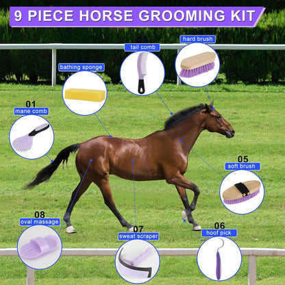 9 Pieces Grooming Kit with Tote Bag, Sweat Scraper, Sponge, Hoof Pick, Curry Comb for Horse Riders Beginners (Purple)