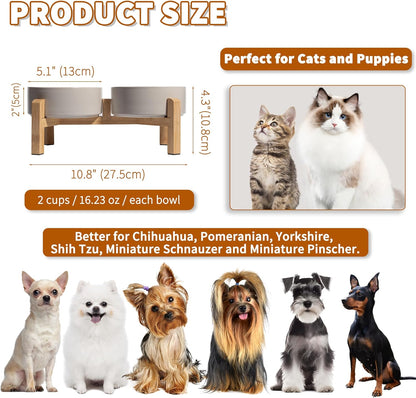 Elevated Ceramic Dog Bowl Set - Raised Feeding Bowls with Non-Slip Bamboo Stand - Small Pet Dishes for Food and Water - Ideal for Cats and Puppies - 16.23 OZ - 2 Cups - 480 ML