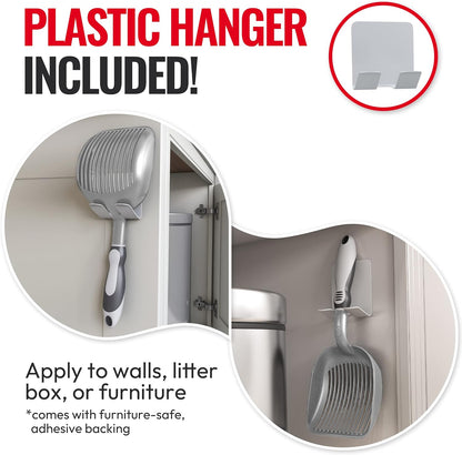 iPrimio Cat Litter Scooper Deep Shovel with Holder - (Silver XL) - Non-Stick Pooper Scooper Shovel Kitty Litter Sifter - Patented Solid Aluminum Poop Scoopers with Long Handle, Easy Grip, Pet Supplies