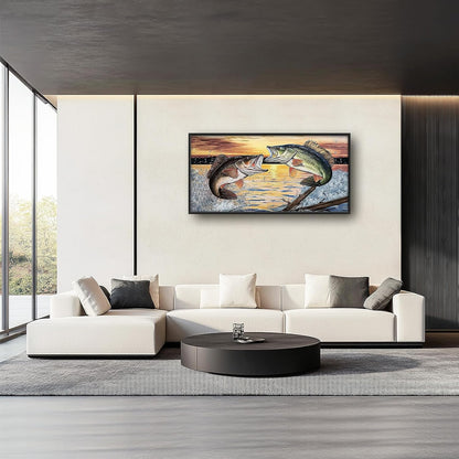 Large Fish Wall Art for Living Room, Framed Bass Fishing Wall Decor, Oversized Rustic Sunset Lake Canvas Painting Fish Pictures Modern Artwork Home Decoration for Living Room Bedroom Office 60"x30"