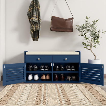 Shoe Storage Bench with 2 Drawers & 2 Doors, Entryway Bench with Cushion, 2 Adjustable Shelves, Shoe Cabinet for Entryway, Living Room, Hallway, Mudroom, Bedroom, Blue
