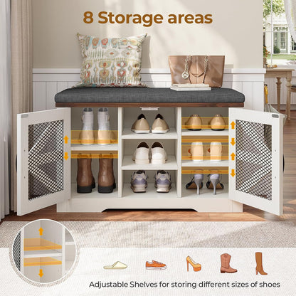 Farmhouse Storage Bench with Cushion, Metal and Wood Shoe Rack Organizer, Adjustable Shelf, Shoe Cabinet with Half Hidden Storage Space, for Entryway, Bedroom, Living Room (Old White, 31.4in)