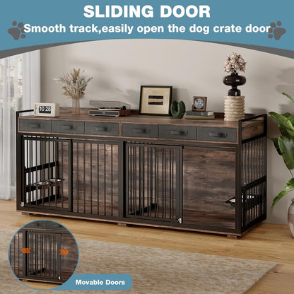 86.6Inch Large Double Dog Crate Furniture,Heavy Duty Metal Frame Dog Crate Kennel with Adjustable Feeder Bowls and Removable Divider&Drawers,Chew-Resistant Dog Kennel for 2 Dogs Indoor