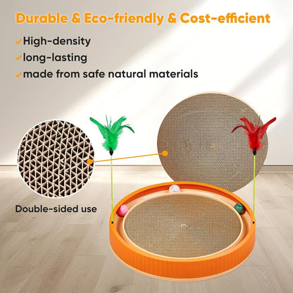 20-Inch Round Cat Scratcher with Ball Track – 3-in-1 Cardboard Cat Scratching Pad with Feather Toys, Non-Slip Base – Interactive Cat Toy for Indoor Cats, Kitten Scratch Play Lounge Board (Orange)