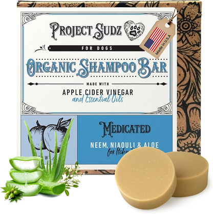 Medicated Organic Dog Shampoo Bar for Hot Spots, Dry Coat, and Allergies, All Natural Dog Shampoo with Neem, Aloe, and ACV, Eco-Friendly, Vet Recommended, 2 Bars for Sensitive Skin Relief