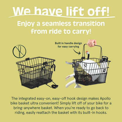 Retrospec Apollo Detachable Front Bike Basket Steel Half-Mesh with Integrated Detachable Hooks and Built-In Handle, Easy Assembly and Portability for Bicycles