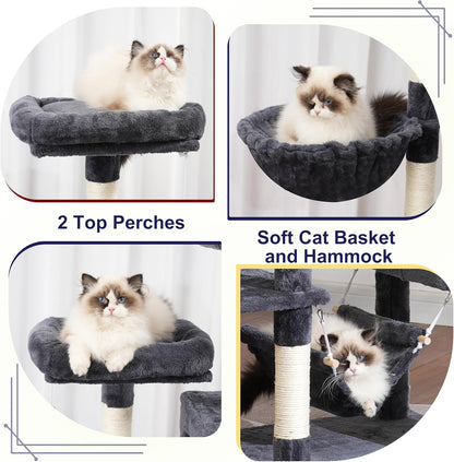 Cat Tree for Indoor Cats, 71'' (180cm) Multi-Level Cat Tower for Large Adult, Sturdy Cat Tree House with 2 Scratching Boards 7 Posts, 2 Plush Perches/Condos, Hammock, Smoky Gray GCT032G