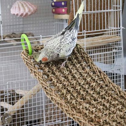 39 x 7 Inches Seagrass Mat, Natural Seagrass Woven Net, Bird Hammock Mat with Hooks, Cage Accessories, Climbing Rope Ladder Chew Toys for Cockatiel, Hamster, Guinea Pig, Rats, Parakeet