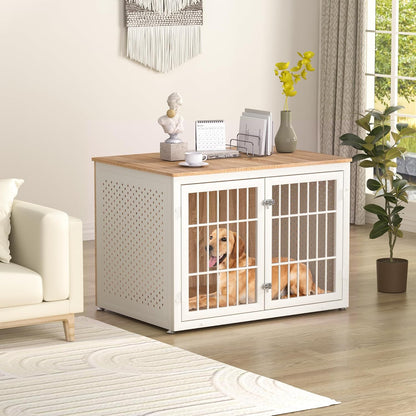42" Heavy Duty Dog Crate Furniture for Large Dogs, Metal Kennel for High Anxiety Dogs, White Wooden Cage Furniture Indoor, Decorative Dog Kennel End Table, XL