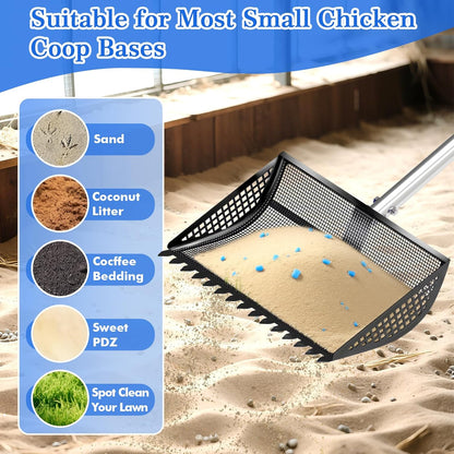 12 Inch Chicken Poop Scooper & Rake 2-in-1, Large Metal Shovel Head, Rubber Handle Stainless Steel Chicken Litter Scoop for Chicken Coops, Litter Screening Scoop (35 to 65in) US Patent Pending (Black)