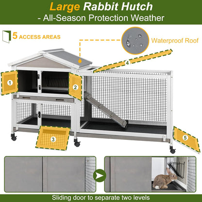 Rabbit Hutch Outdoor Indoor Bunny Hutch with Run 2-Story Large Rabbit Cage on 6 Wheels, 3 Leak Proof Trays, Ramp, Waterproof Roof for Small to Medium Animals, Expandable Design