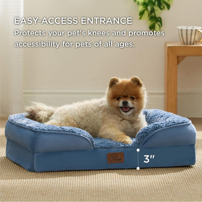 Bedsure Orthopedic Dog Beds for Small Dogs - Washable Small Dog Cat Bed Waterproof, Comfort Pet Couch Sofa with Washable Removable Cover, Pets Bed with Nonskid Bottom, Plush-Blue, 24"