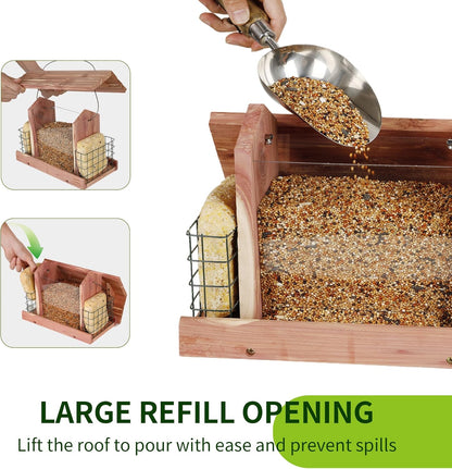 Solution4Patio US Cedar Hopper Bird Feeder for Outdoors Hanging, Handcrafted Wood Double Suet Cage & Clear View Windows, Squirrel-Proof Wild Bird Feeder for Cardinals, Finches, Chickadees