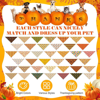 Sanwuta 120 Pcs Fall Thanksgiving Dog Bandanas Bulk, Dog Scarves for Small Medium Large Dogs Cats, Adjustable Triangle Pet Bandanas with Pumpkin Maple Leaf Plaid Prints for Autumn Party Decoration