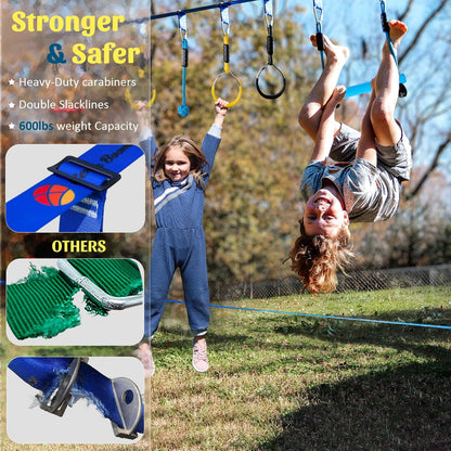 Ninja Warrior Obstacle Course for Kids, 2×56ft Slackline Kit with 8 Ninja Accessories - Monkey Bar, Rope Ladder, Gymnastic Ring, Arm Trainer and Monkey Fist