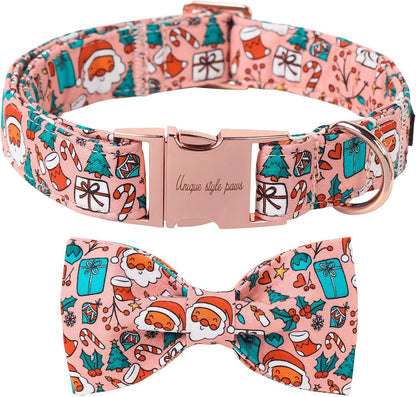 Unique Style Paws Christmas Day Dog Collar with Bow Pink Christmas Man Cotton Puppy Collars for Small Medium Large Dogs