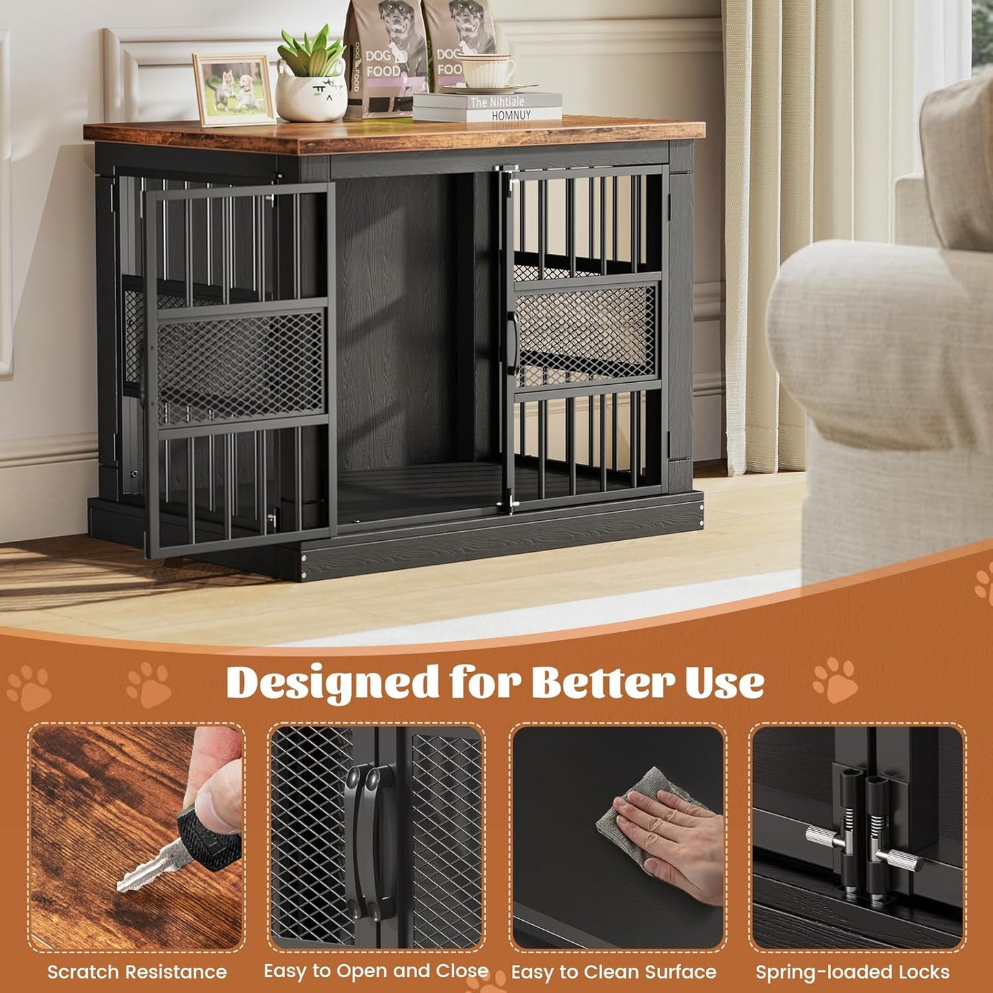 VOPEAK Dog Crate Furniture, Chew Resistant Dog Crate for Dogs, Heavy Duty Dog Crates Dog Kennel Cage Indoor with Double Doors, End Table for Bedroom Living Room (Black, 27.5" L x 20" W x 23.6" H)