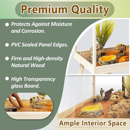 PROLEE Tempered Glass Reptile Enclosure with Leg,40“ Scratch-Proof Bearded Dragon Tank,62 Gallon Lizard Tank with Metal Mesh Tops and Lockable Door,Spacious Reptile Habitat for Snake,Lizard (Oak)