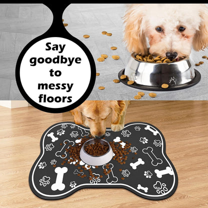 Dog Cat Food Mat,Rapid Absorbent Pet Feeding Mat, Bone Shaped Dog Placemat Water Bowl Mat with Rubber Backing,No Stains Dog Cat Food Mats Indoor, Pet Accessories Supplies 17"×29" Black