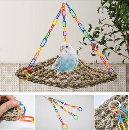 Bird Swing Toys,Parakeet Seagrass Mat,Edible Triangle Seagrass Hammock with Color Toys Handmade Woven Natural Grass Net Hanging on Parrot Cage for Budgies Lovebird Canary Cockatiel Finch Hamster