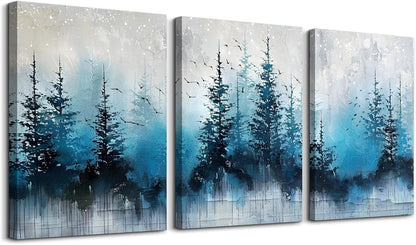 TTHYUEWS Large Canvas Wall Decor for Living Room - Boho Art for Bedroom Forest Landscape Abstract Pictures - Tree Blue Painting Artwork Office Aesthetic Decoration - Hang Easy 3 Piece