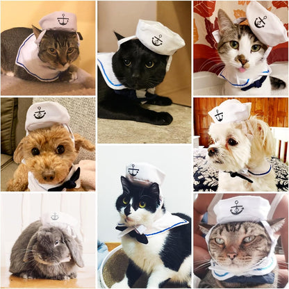 Enjoying Cat Sailor Costume, Halloween Small Dog Sailor Hat Outfit with Tie, Adjustable Pet Navy Costume for Cats Doggies Rabbits Cosplay