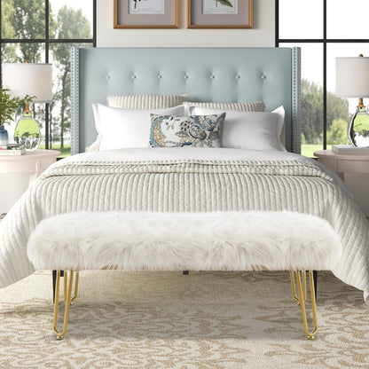 42.5Inch White Bedroom Bench, Benches for Bedroom White Faux Fur Upholstered Bed end Bench, Tufting Bench Indoor Bench with Metal Legs for Living Room Bedroom Dining Room Entryway