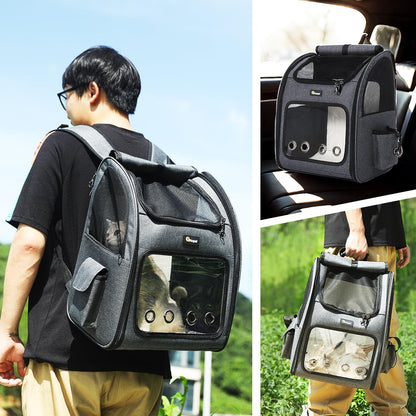 Hoopet Expandable Cat Backpack Carrier – Breathable Pet Carrier for Small Cats & Dogs, Foldable Travel Backpack with Mesh Ventilation for Hiking, Walking, Camping, Dark Grey