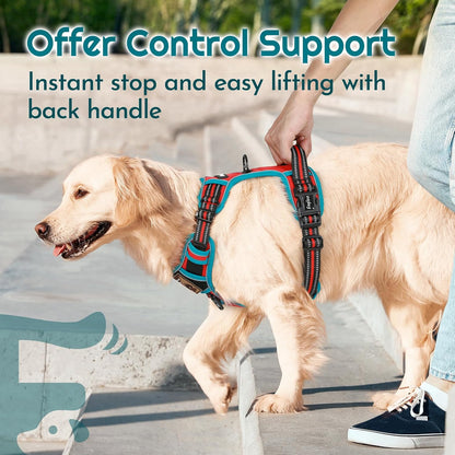 Eagloo Dog Harness Medium Sized, Easy Wearing with 3 Buckles, Adjustable No Pull Pet Harness with 2 Rings for Walking, No Chock Reflective Soft Padded Vest with Control Handle, Red & Teal, M