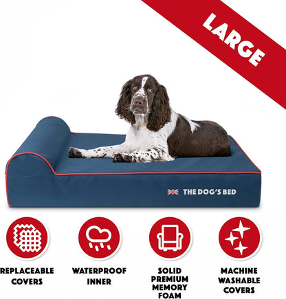 The Dog’s Bed Orthopedic Headrest Dog Bed Large Blue Oxford with Red Trim UK Flag Dog Bed 40x25, Memory Foam, Hip & Elbow Dysplasia, Post Surgery Veterinary Approved, Waterproof Washable Cover