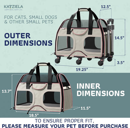 Katziela Pet Carrier - Airline Compliant Dog Carrier - TSA Approved Pet Carrier for Small Dogs and Cats - Soft FAA Travel Airplane Dog Carrier Luggage (Gray/Pink-6 Wheels)