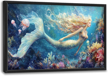 Extra Large Framed Mermaid Wall Art,Oversized Undersea Ocean Wall Decor,Colorful Coral Reefs Pictures for Living Room,Elegant Canvas Print Painting Modern Artwork Bedroom Bathroom 36L x 24W