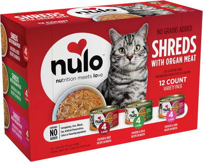 Nulo Real Shreds with Organ Meat Wet Canned Cat Food, Variety Flavors, 2.8 Ounce, 12 Cans