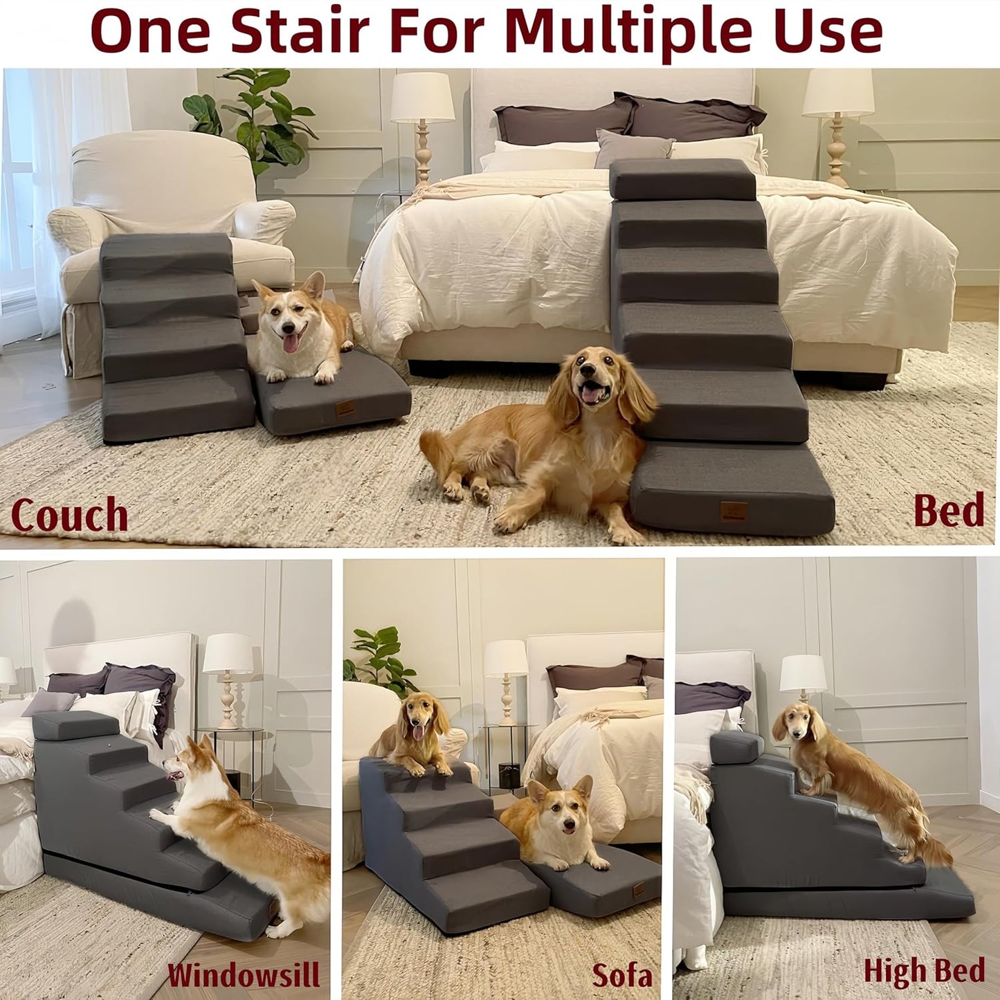 Dog Stair ramp for 30 inch high beds. 6-Step Dog Stair Ramp for 20 to 36 Inch Sofa Beds. Pet Steps for Small, Medium and Large Dogs. Non-Slip, Balanced and Portable. Multifunctional 6 Steps, Gray.
