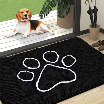 OLANLY Door Mat for Muddy Dog Paws 47x32, Ultra Absorbent Chenille Mud Doormat with Paw Print Design, Non-Slip Washable Doormat for Indoor Entryway, Quick-Dry Pet Bed Mats for Dirty Dogs, Black