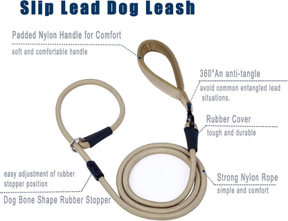 Slip Lead Dog Leash，Strong Nylon Rope Leash and Padded Handle,No Pull Outdoor Walking Training Lead for Small Medium Large Dogs(Light Military Tan, 1/2"×6ft)