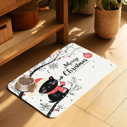 Christmas Black Cat Pet Feeding Mat-Quick Dry Absorbent Dog Cat Food Mat, Anti-Slip Water Bowl Mats for Messy Eaters-No Stains Indoor Pet Accessories 12"x20"