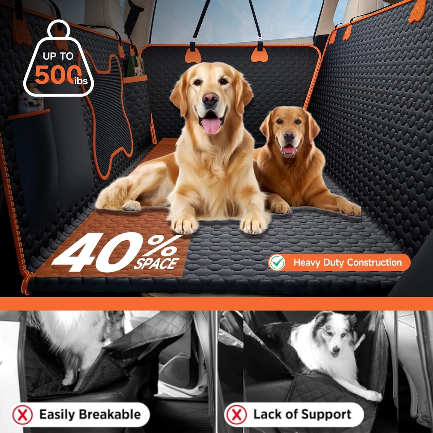 Hard Bottom Dog Car Seat Cover for Back Seat – Waterproof Nonslip Hammock Extender for Trucks & SUVs, Heavy Duty Pet Protector, Black Oxford Fabric